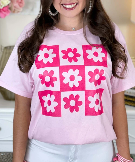 checkerboard flower tee close up