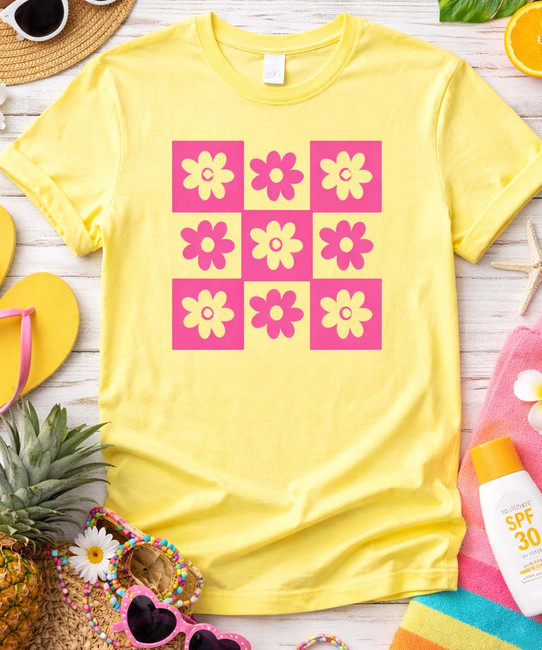 checkerboard flower flat lay