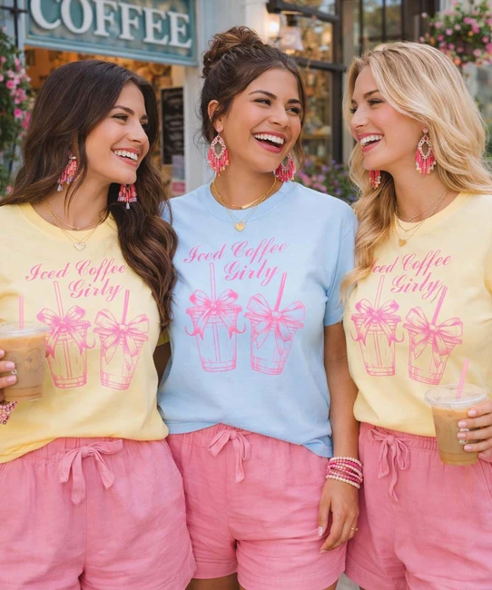 iced coffee girly graphic tee model group