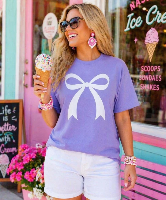 puff white bow comfort colors shirt model image