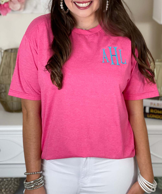 heather heliconia monogrammed tee close up