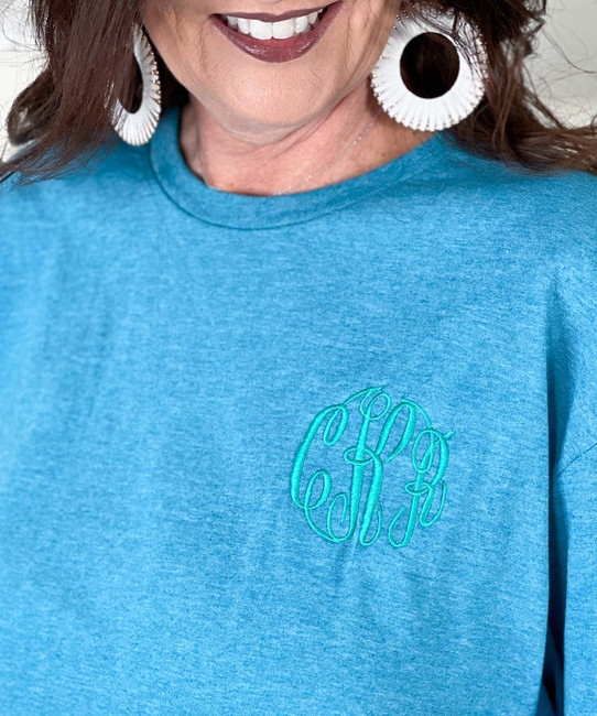 heather galapagos blue monogrammed tee close up