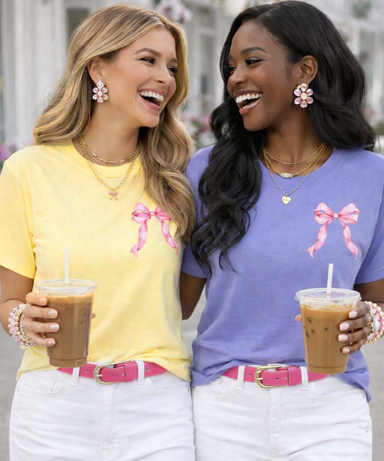 pocket watercolor pink bow tee group model