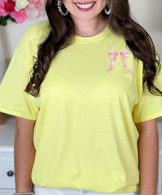 pocket watercolor pink bow tee close up