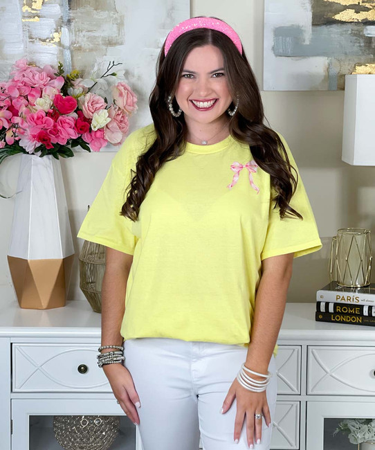 pocket watercolor pink bow tee