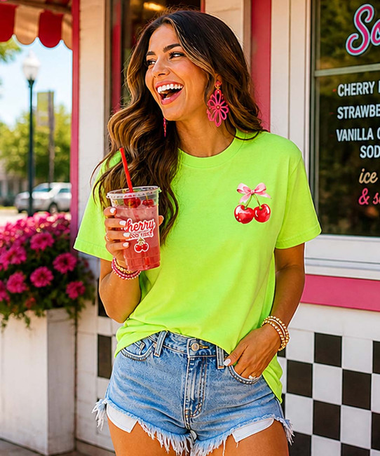 pocket watercolor cherries with bow graphic shirt model image