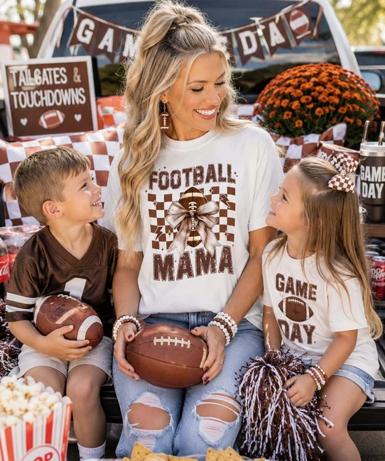 distressed checkerboard football mama graphic shirt model image