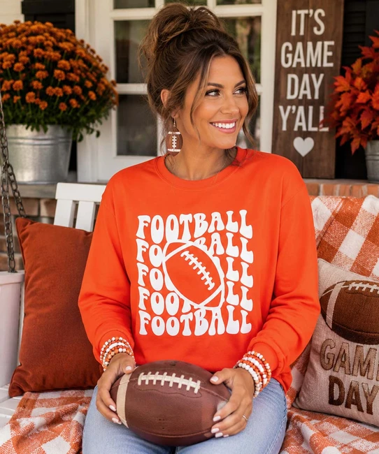 stacked football tee long sleeve model image