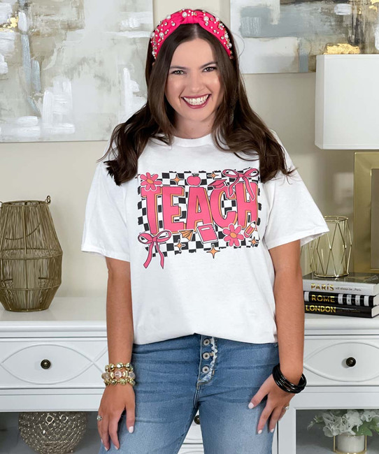 checkerboard teach with bows tee
