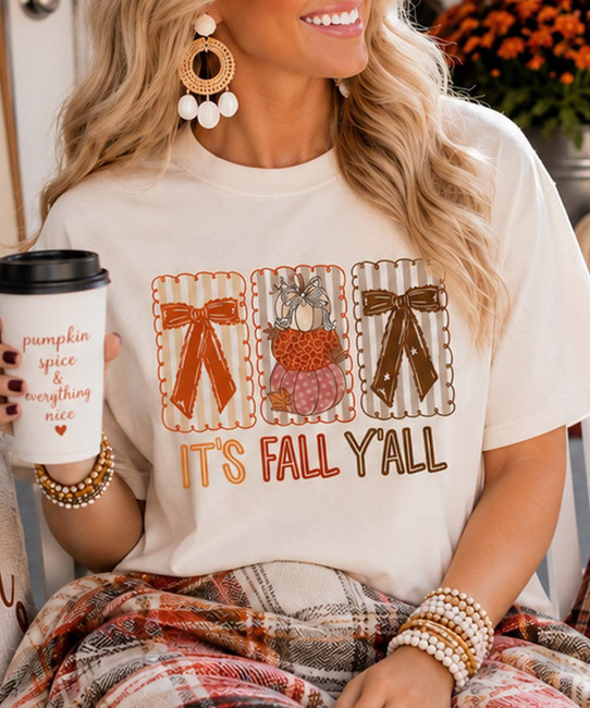 it's fall y'all bows and pumpkins tee model image close up