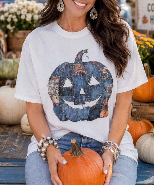 denim jack o lantern tee model image close up