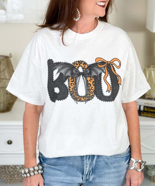 leopard boo with bow tee close up