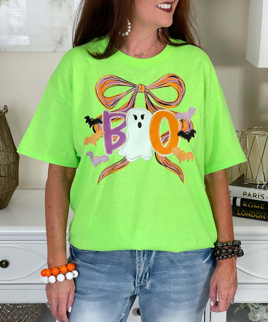 boo ghost with bow colored tee close up