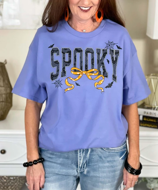 lace spooky with bow tee purple close up