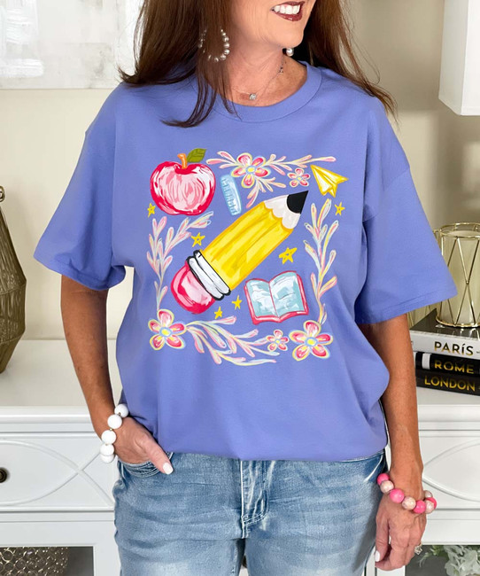 floral teacher pencil tee purple close up