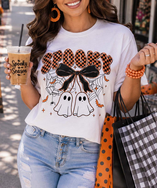 checkerboard spooky ghosts tee model image close up