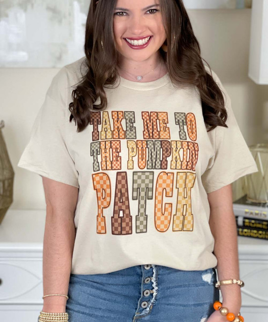 checkerboard take me to the pumpkin patch tee close up