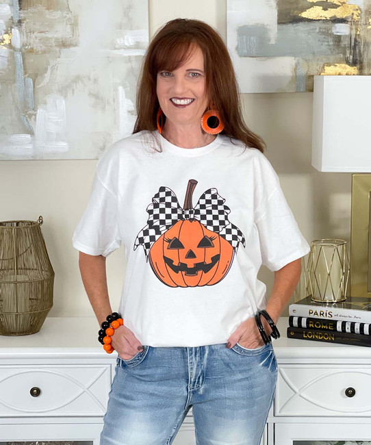 jack o lantern with checkerboard bow tee