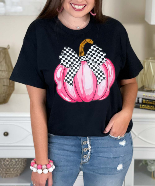 Pink Pumpkin With Black And White Checkered Bow Graphic Shirt
