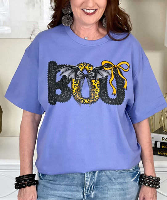 leopard boo with bow graphic tee close up