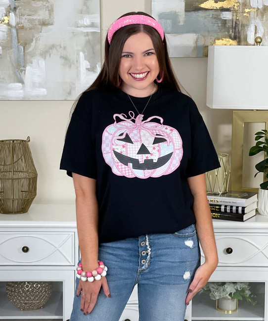 Pink Patchwork Jack O Lantern Graphic Tee