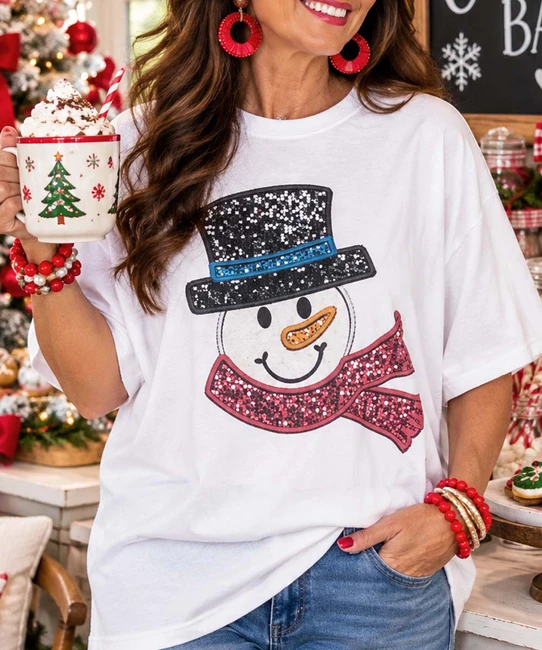 faux sequin snowman tee model image close up