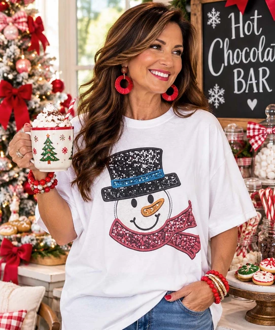 faux sequin snowman tee model image