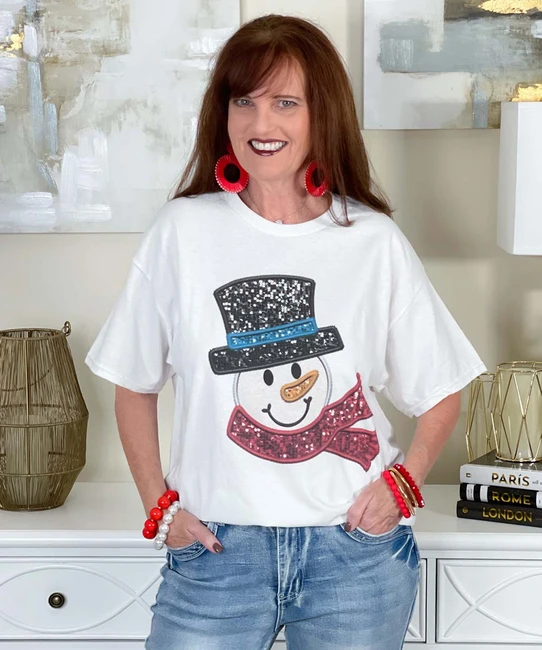 faux sequin snowman tee white