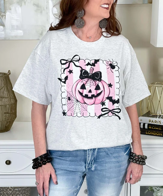 pink jack o lantern frame graphic tee close up
