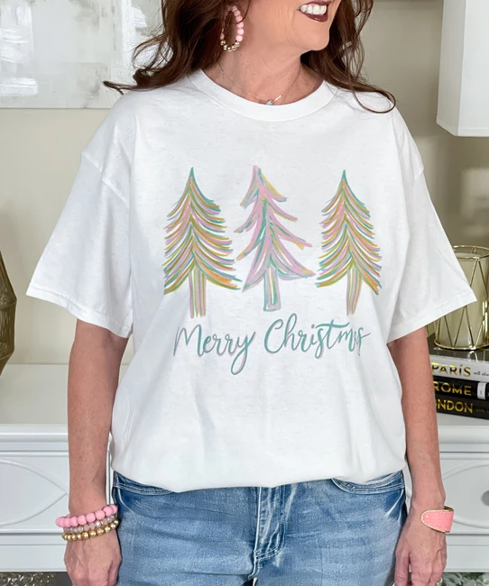 merry christmas trees tee white close up