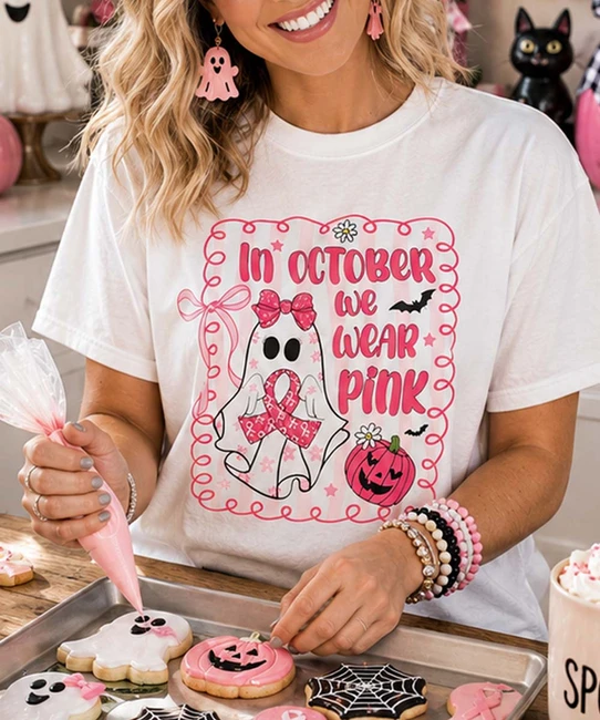 in october we wear pink tee model image close up