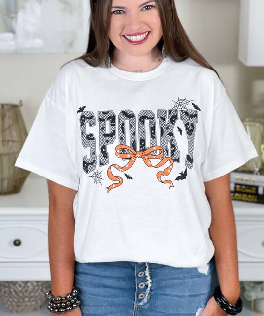 lace spooky with bow tee close up