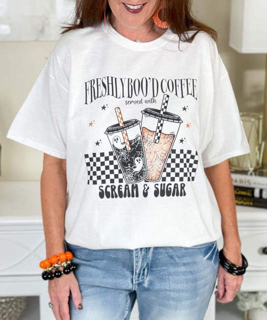 freshley boo'd coffee tee close up