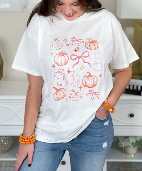 pumpkins and pink bows tee close up