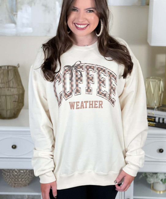 Brown Checkered Coffee Weather With Bow Graphic Sweatshirt