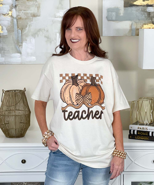 checkerboard pumpkin teacher tee