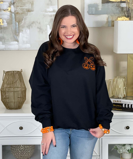 embroidered jack o lanterns with bow sweatshirt