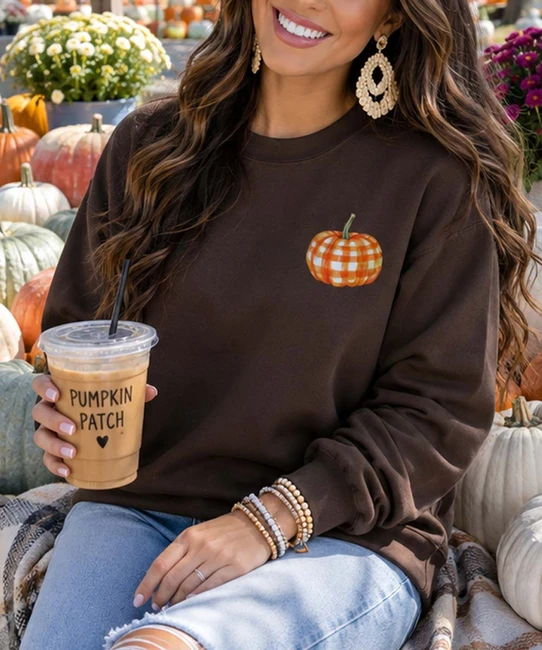 pocket orange gingham pumpkin sweatshirt model image close up