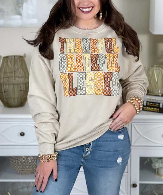 checkerboard thankful grateful blessed sweatshirt close up