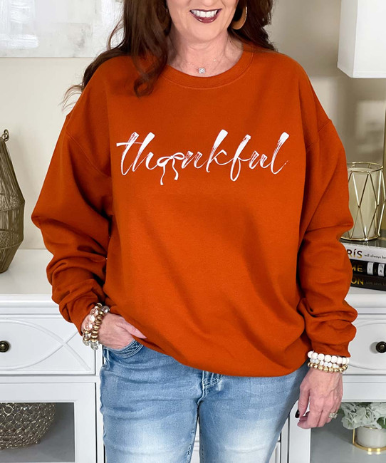 brushstroke thankful sweatshirt close up