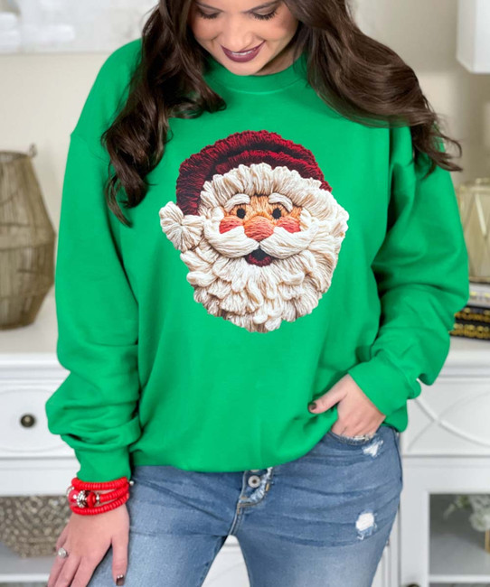 faux latch hook santa sweatshirt close up