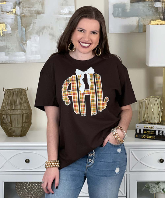 fall plaid monogram with lace bow tee