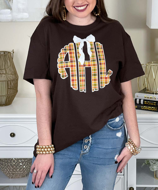 fall plaid monogram with lace bow tee close up