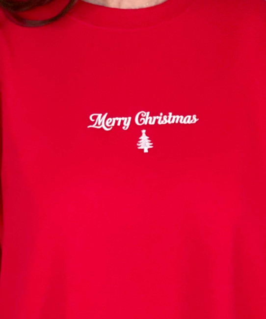 embroidered merry christmas with tree sweatshirt close up of words