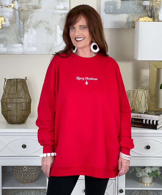 embroidered merry christmas with tree sweatshirt