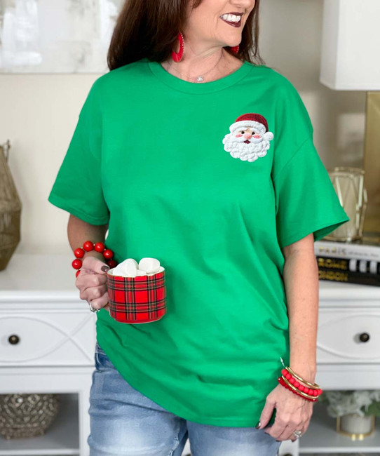 pocket faux latch hook santa face tee close up