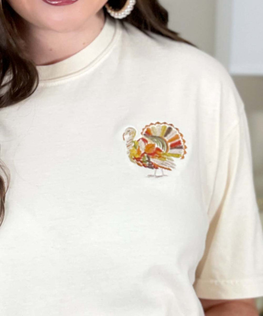 embroidered turkey leaves comfort colors tee close up of turkey