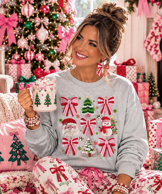 faux yarn christmas and bows sweatshirt model image