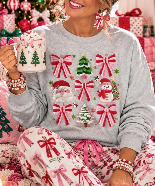 faux yarn christmas and bows sweatshirt model image close up
