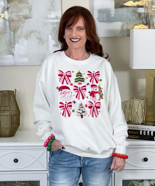 faux yarn christmas and bows sweatshirt